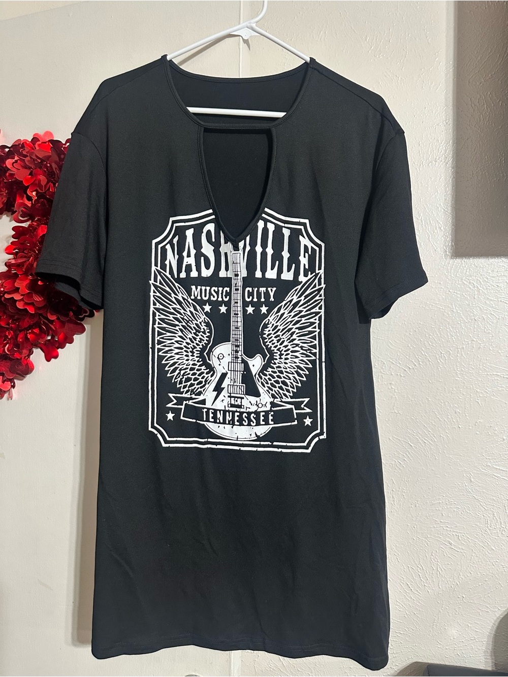 SHEIN Black Nashville Graphic Mini Dress with Keyhole Neck